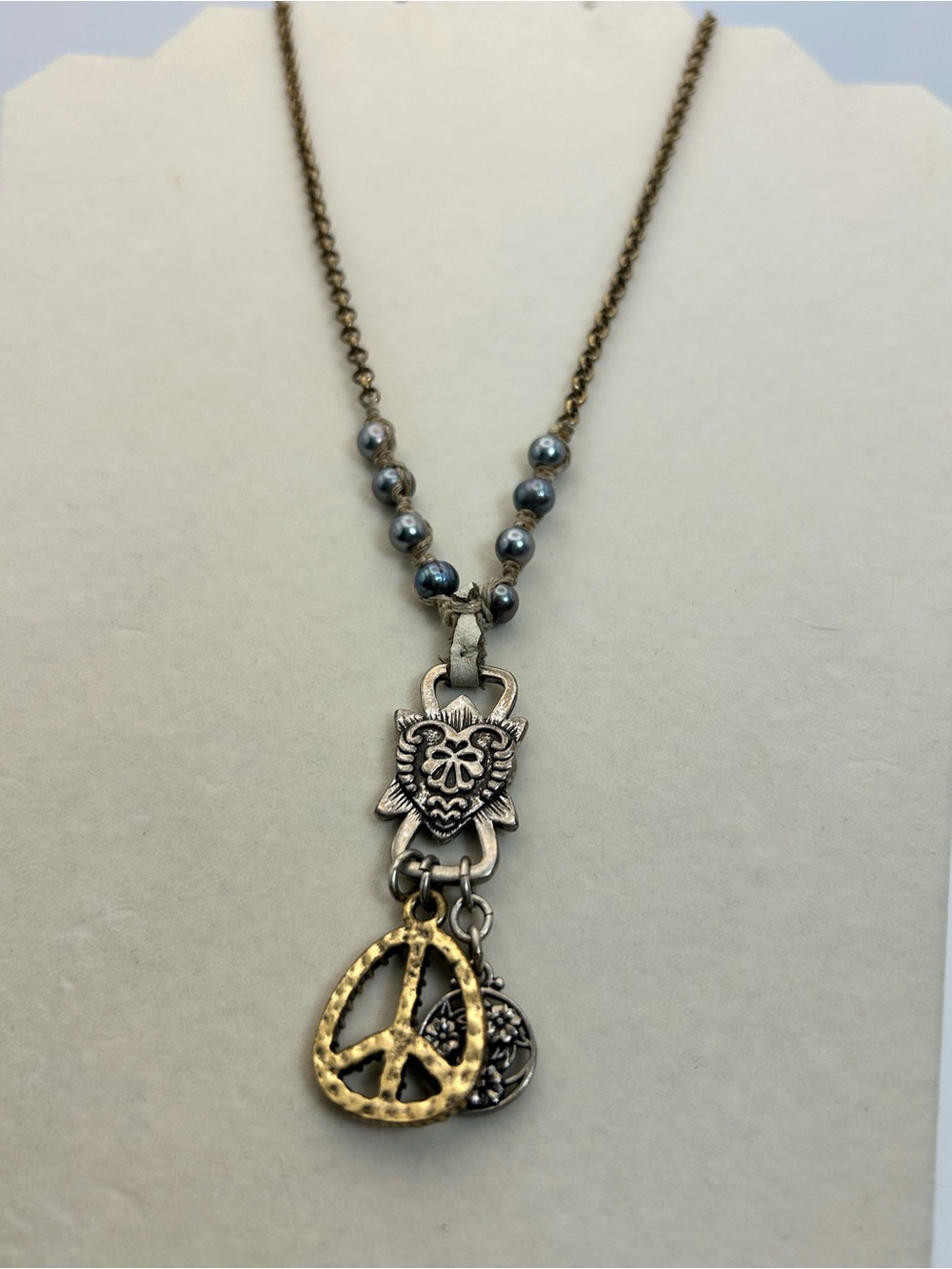 Lucky Brand Vintage Peace Sign Charm Necklace Macrame Beaded Antiqued Bronze 22"